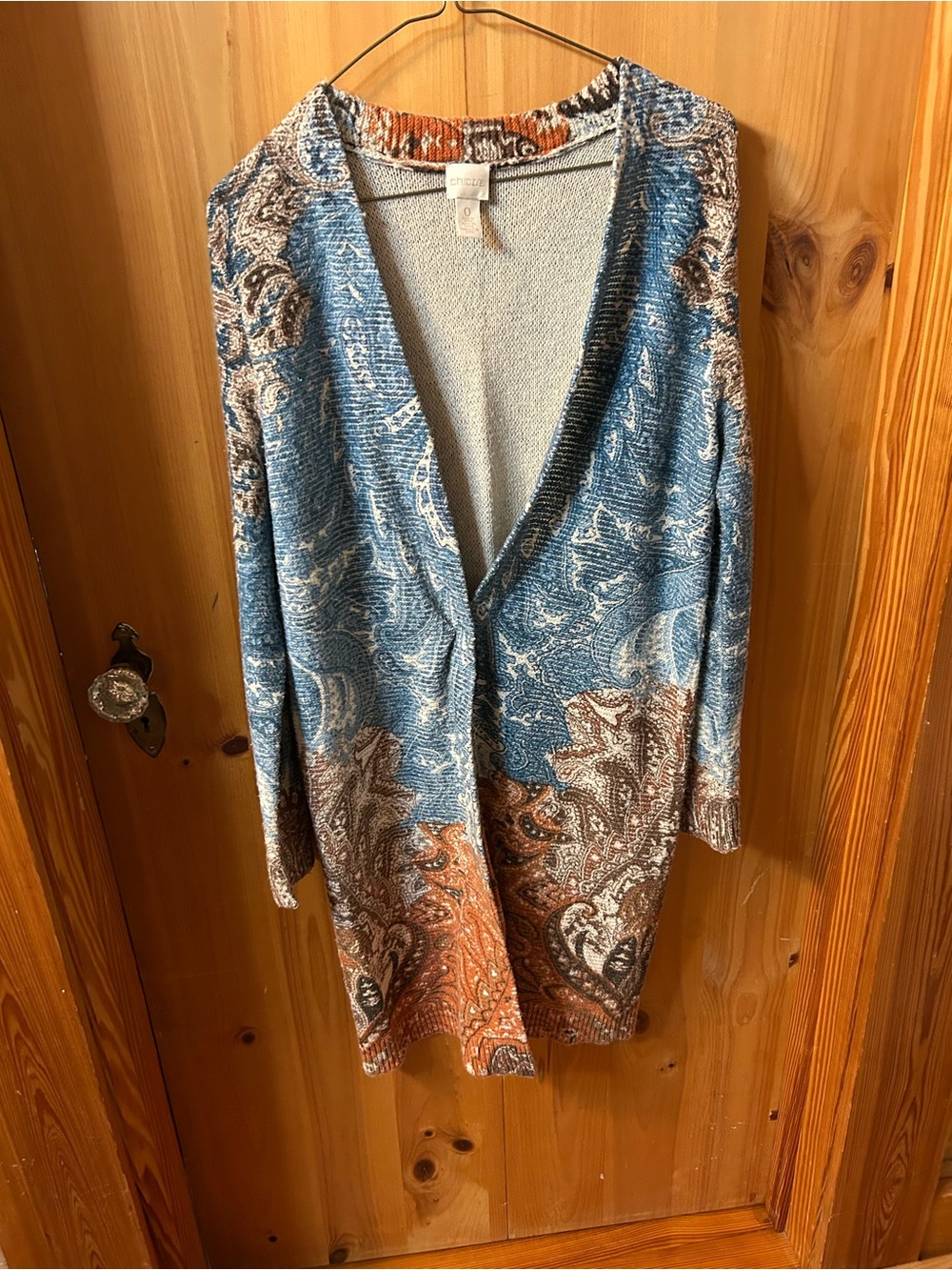 Chico's Open-Front Paisley Cardigan in Blue, Brown & Rust